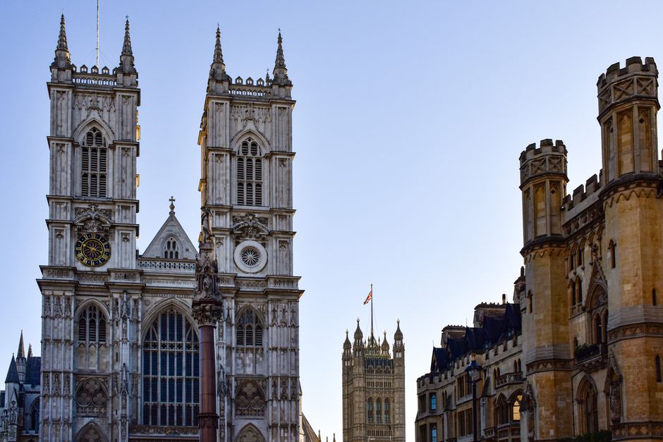 A captivating view of Westminster Abbey and surrounding historic architecture in London, England.