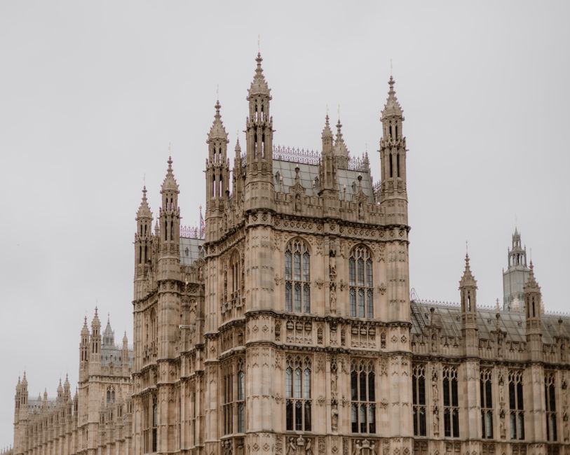 Detailed view of the Westminster Palace showcasing its Gothic architecture, London, England.